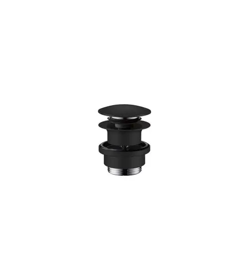 Schwarze Ablaufgarnitur von Hansgrohe mit Push-Open-Funktion, bestehend aus mehreren Komponenten zur Installation in Waschtisch oder Bidet.